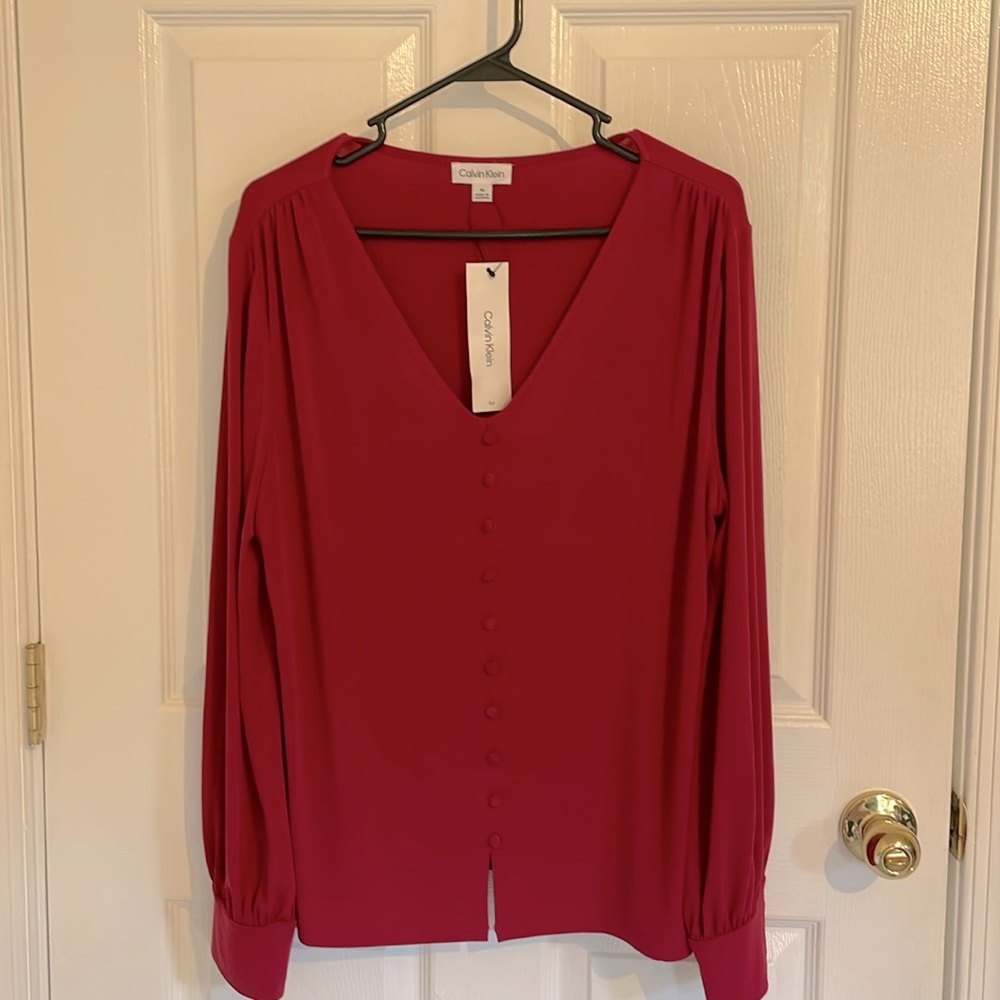 Calvin Klein Long Sleeve Sulky Red Faux Button Front blouse Size XL, NWT